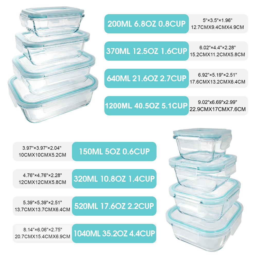 24/16 Sealed Glass Food Storage Boxes, Fresh-Keeping Boxes, Microwave Ovens, Ovens - Suitable for Salads, Fruits, Vegetables, Sandwiches, Bento Boxes | Sealed Storage | Durable Glass Food Storage Containers Outdoor Lunch Boxes(12/8 Box+12/8 Lid)